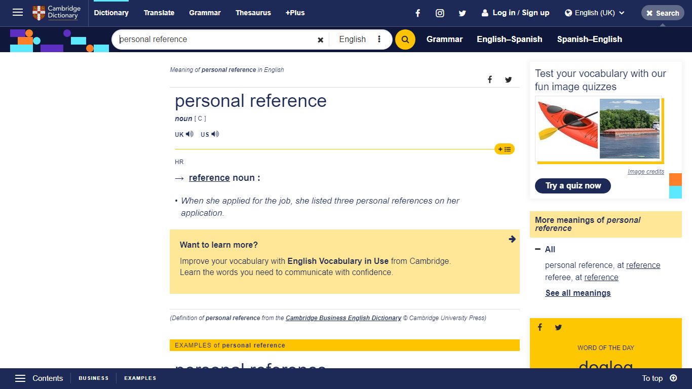 PERSONAL REFERENCE | meaning in the Cambridge English Dictionary